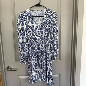 Cupshe Blue and White Wrap Sundress with Bishop Sleeves